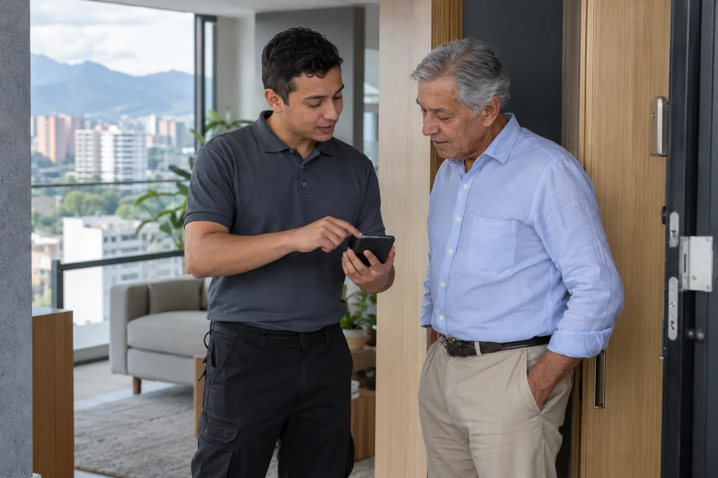 Técnico conversando con un cliente mayor en la entrada de un apartamento