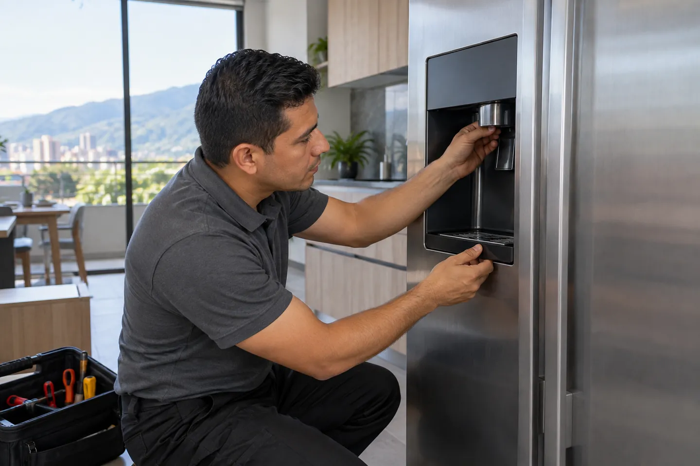 Técnico revisando con sus manos el dispensador de agua e hielo de un nevecón