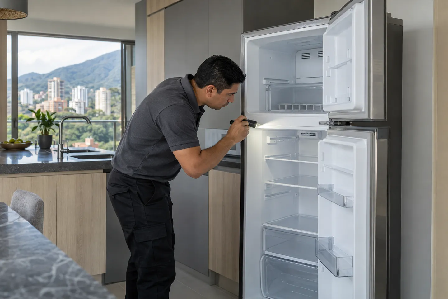 Técnico examinando con una linterna el interior de una nevera de dos puertas