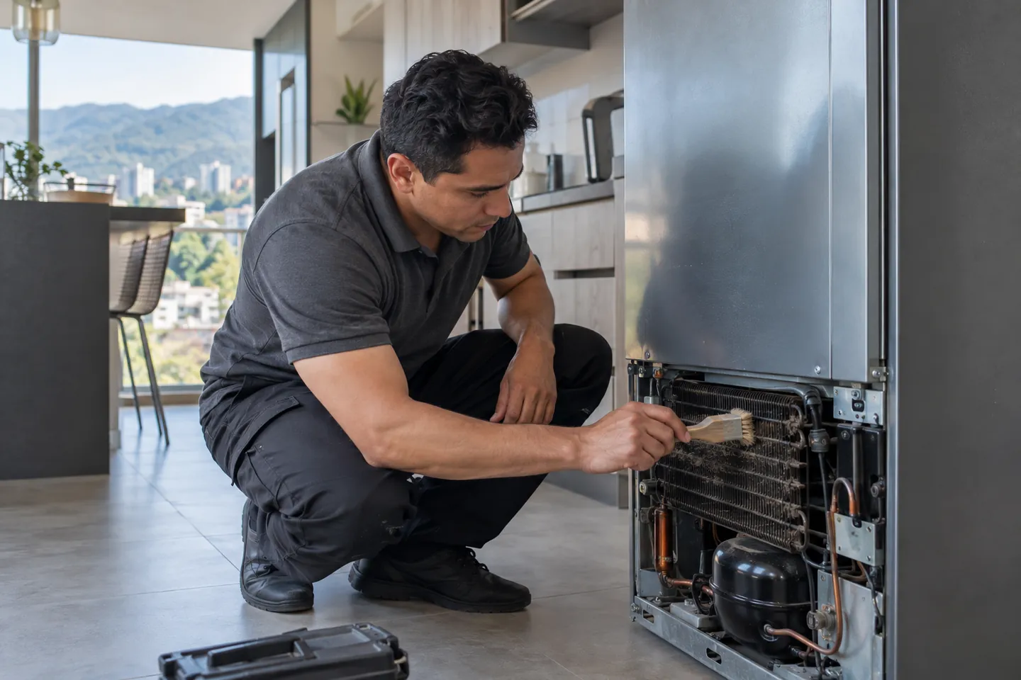 Técnico limpiando con un cepillo la rejilla del condensador de una nevera